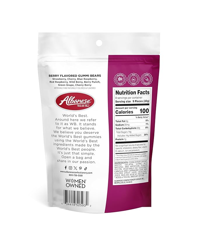 Albanese World's Best Berry Flavored Gummi Bears, 9oz Bags of Candy, Individually Wrapped Pack of 6