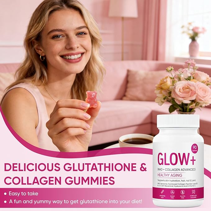 Jovi Glow+ NAD+ & Collagen Gummies, Multi-Type Hydrolyzed Collagen Peptides, Resveratrol, Hyaluronicacid, Vitaminc, Supplement for Skin, Hair, Nails, 90 Count (1, A)