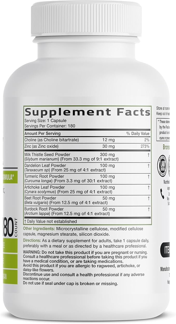 Bronson Liver Detox Advanced Detox & Cleansing Formula Supports Health Liver Function with Milk Thistle, Dandelion Extract, Turmeric, Artichoke Leaf & More, Non-GMO, 180 Vegetarian Capsules