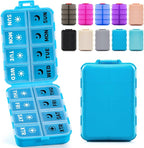 Foldable Weekly Pill Organizer 2 Times a Day with 2 Extra Compartments (Clear Printed Labels) - Portable 7 Day AM PM Medicine Box, Week Daily Travel Pill Case Holder for Vitamin, Supplement - Blue