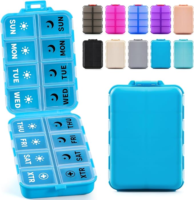 Foldable Weekly Pill Organizer 2 Times a Day with 2 Extra Compartments (Clear Printed Labels) - Portable 7 Day AM PM Medicine Box, Week Daily Travel Pill Case Holder for Vitamin, Supplement - Blue
