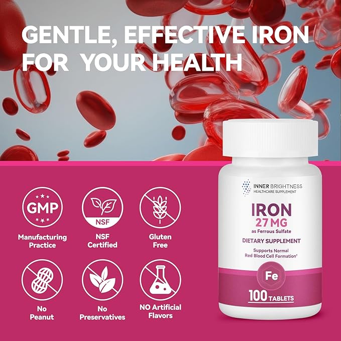 Iron Supplement, Iron 27mg Iron Supplement for Women, 100 Tablets, 100 Day Supply, Daily for Adults, Red Blood Cell Support, Gentle on Stomach