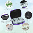 Serfeymi Weekly Travel Pill Organizer Pill Case for Purse with Removable 7 Day Pill Box, Fashionable Travel Medicine Organizer Pill Container for Medicine, Vitamin, Supplement - Black 03 + Purple 01