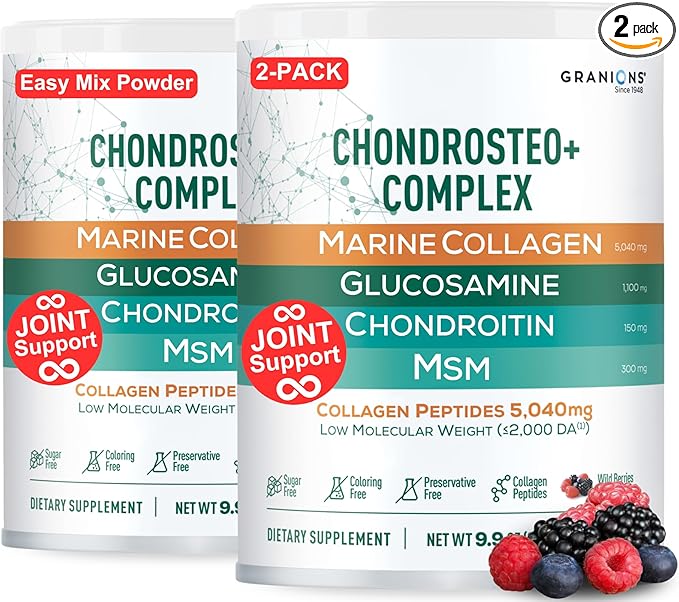 Granions Glucosamine Chondroitin MSM Complex Powder – Joint Supplements for Men and Women - Chondrosteo, Hydrolyzed Marine Collagen Peptides, Pack of 2 – Wild Berry Flavor, 19.8oz