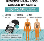 Liposomal NAD+ 800 mg with Trans-Resveratrol 300 mg, Max Absorption, Actual NAD+ Boosting Supplement for Healthy Aging, Cellular Energy, DNA Repair, Longevity - 60 Softgels