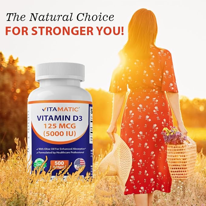 Vitamatic Vitamin D3 5000 IU (125 mcg) – 500 Mini Softgels Olive Oil-Based Formula – Cold-Pressed – 500-Day Supply – Supports Bone, Muscle & Immune Health – Non-GMO & Gluten-Free