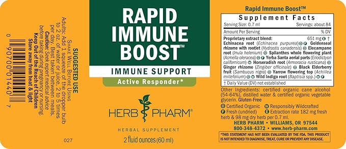 Herb Pharm Organic Rapid Immune Boost: Fast-Absorbing Tincture for Adults, Echinacea Tincture with Goldenseal, Ginger Extract & Elderberry, Immune Support Supplement & Wellness Aid, 2 Oz