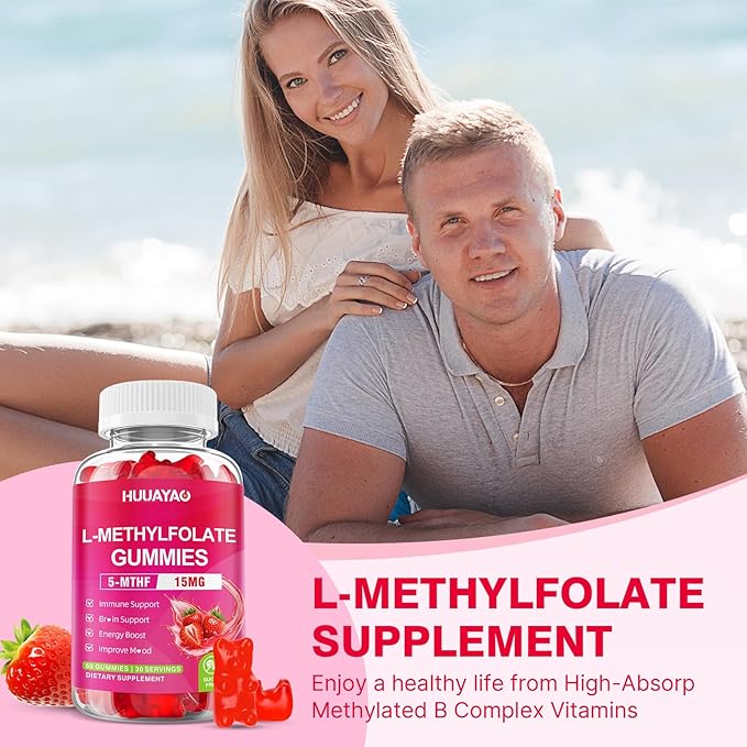 L-Methylfolate 15 mg Gummies, Methylfolate Supplement, Folate 5-MTHF Supplement for Support Mood, Brain Health, Immune System, Sugar Free, Strawberry Flavor, 60 Count