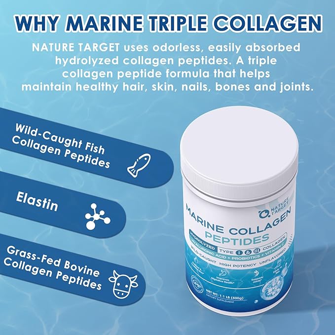 NATURE TARGET Marine Collagen Powder for Women - Multi Collagen Peptides with Hyaluronic Acid & Vitamin C for Hair, Skin, Nails & Joints - Wild-Caught Fish & Grass-Fed Bovine, 50 Servings