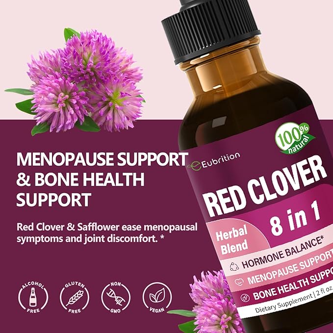 Red Clover Extract Herb Supplement, Liquid Drops for Women Health Balance, 8-in-1 Herbal Formula for Menopause Hot Flashes Relief with Dong Quai & Shatavari Extract, Alcohol Free. 2oz