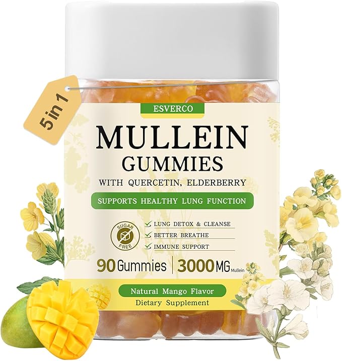 Mullein Gummies with 3600mg Mullein Leaf Extract, 7 in 1 for Lung Cleanse, Respiratory Lung Health, Immune Booster, Elderberry, Quercetin, Bromelain, No Sugar, for Adults, Vegan, 90 Count