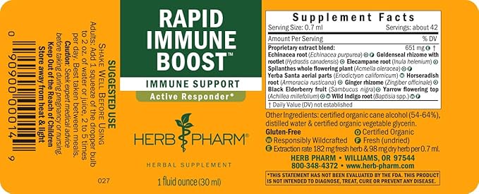 Herb Pharm Organic Rapid Immune Boost: Fast-Absorbing Tincture for Adults, Echinacea Tincture with Goldenseal, Ginger Extract & Elderberry, Immune Support Supplement & Wellness Aid, 1 Oz