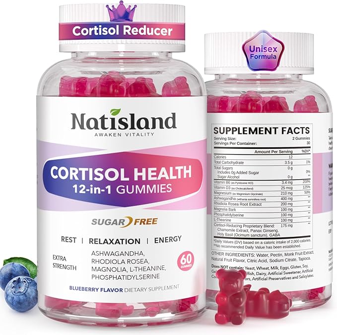 Cortisol Gummies, 12-in-1 Cortisol Reducer, with Magnesium Glycinate, Ashwagandha, L-Theanine, Phosphatidylserine, Vitamin B6 & D3, Rhodiola Rosea, for Men & Women, Sugar-Free, Vegan, NON-GMO, 60CT