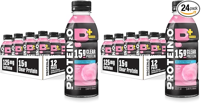 Protein2o 15g Whey Protein Isolate Hydration Drink Plus Energy & Focus,350mg of Electrolytes,Vitamins B5 & B6,Sugar Free,Cotton Candy,16.9 oz Bottle,(Pack of 24)