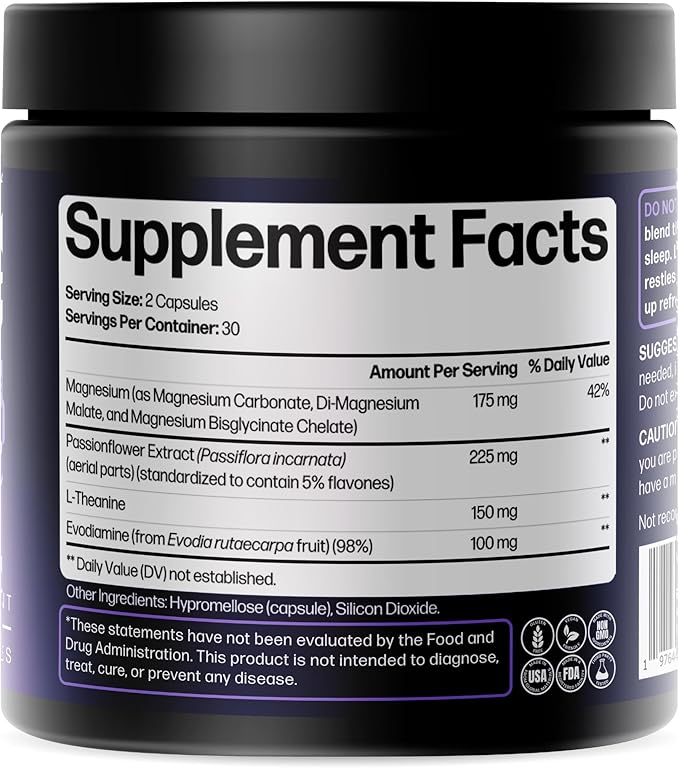 Doctor Formulated Triple Magnesium for Sleep, Calm & Relaxation with Chelated Magnesium Glycinate, L-Theanine, Passionflower & Evodia – Non-Habit, No Melatonin Magnesium Sleep Aid Support Supplement