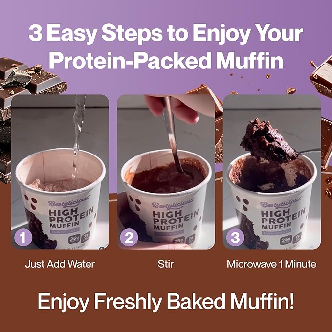 Bootylicious | 25g Protein Muffin | Double Chocolate | Low Carb, 16g-18g Fiber, Low Glycimic Index, Low Sugar, 2.75oz Cup, 12-Pack
