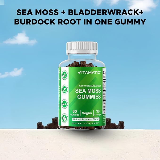 Vitamatic Irish Sea Moss Gummies with Bladderwrack & Burdock Root – Botanical Extract Supplement – Vegan, Non-GMO – 60 Count - 3 Pack