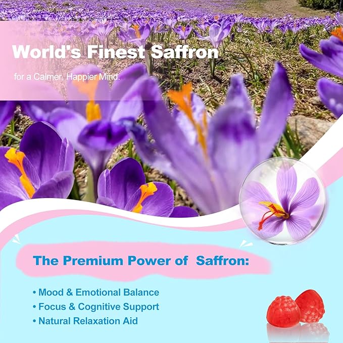 Saffron for Kids, Saffron Extract, Magnesium Glycinate, Omega-3, L-Theanine, Holy Basil, Rosemary, B6, D3 for Calm, Focus, Happy Mood, Cognition, Sleep, Sugar Free, 90 Gummies