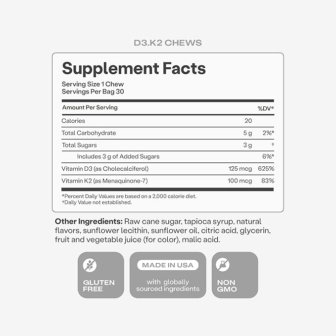 Humann Vitamin D3 + K2 Chews - High Potency Vitamin D 5000iu (125mcg) Helps Support Healthy Mood, Immunity, Cardiovascular, Respiratory Health & Bone Health, Mixed Berry Flavor, 30 Count