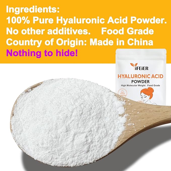 Pure Hyaluronic Acid Powder | Food Grade Hyaluronic Acid Supplements | 60g(2.12oz) | HMW LMW High Molecular Weight Hyaluronic Acid Powder| Skin Hydration and Joint Lubrication