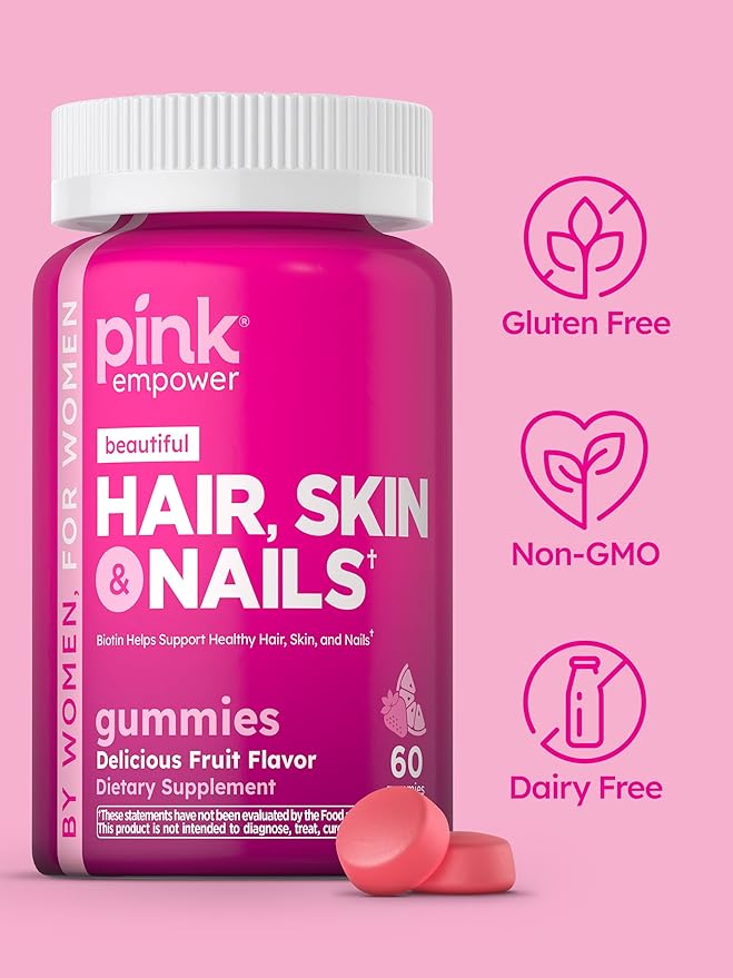 PINK Hair Skin Nails Gummies | Plus 2,500 mcg of Biotin | 60 Count | Non-GMO & Gluten Free Vitamins for Women | Strawberry Flavor