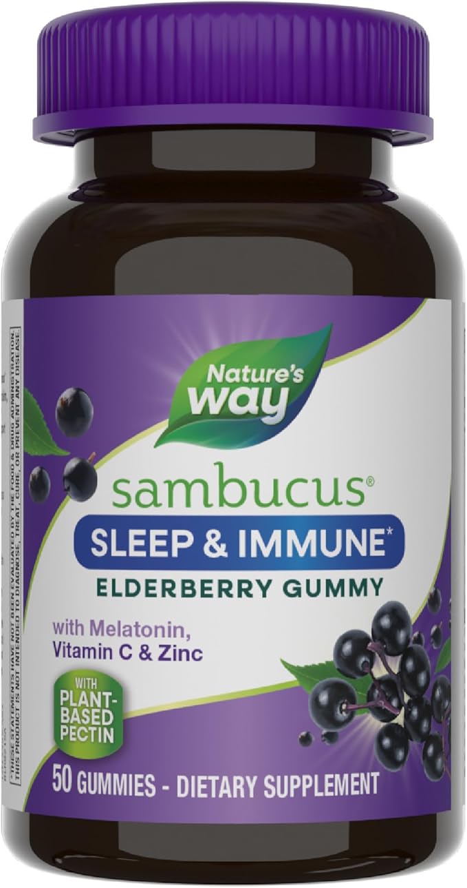 Nature’s Way Sambucus Sleep + Immune* Elderberry Gummies, Sleep Support for Adults and Immune Support*, With Melatonin, Vitamin C, L-Theanine, Zinc, 50 Gummies (Packaging May Vary)