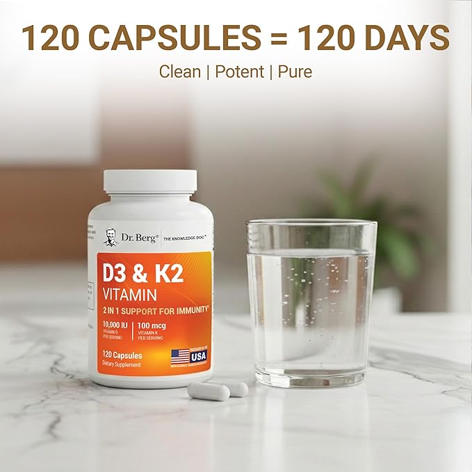 Dr. Berg Maximum Strength 2-in-1 Vitamin D3 K2 10,000 IU | Naturally Derived D3 | 4X Lab-Tested & Verified | High Absorption Formula | K2 D3 Vitamin Supplement - 120 Capsules