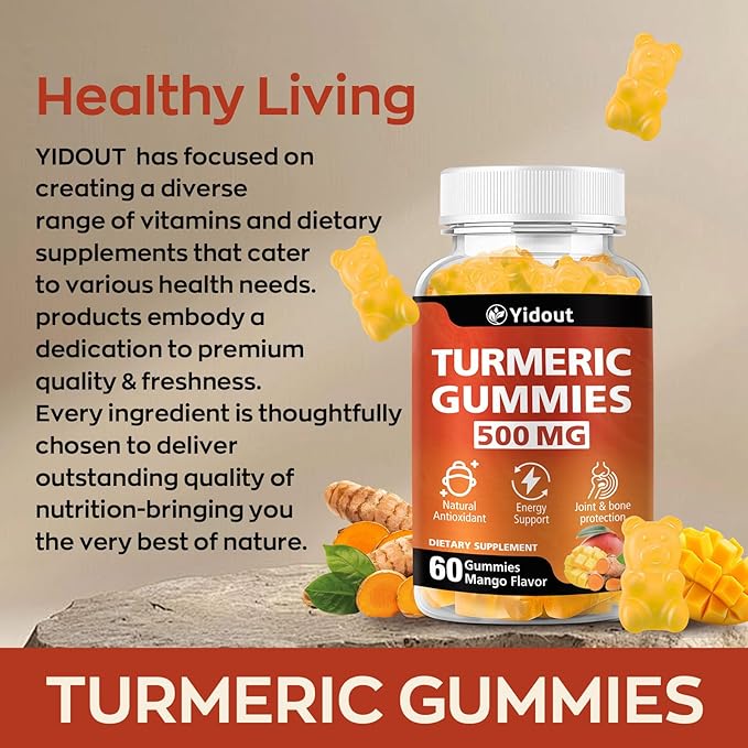 Turmeric Curcumin Gummies, Gummy with 500mg Turmeric Curcumin and Ginger with Black Pepper Extract for High Absorption,Mango Flavor (60 Count（Pack of 1）)