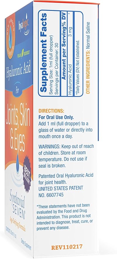 Hyalogic Synthovial Seven Liquid Hyaluronic Acid – Vegan Oral Joint & Skin Supplement, High Molecular Weight, Pure Hydration Support Supplements, 1 oz