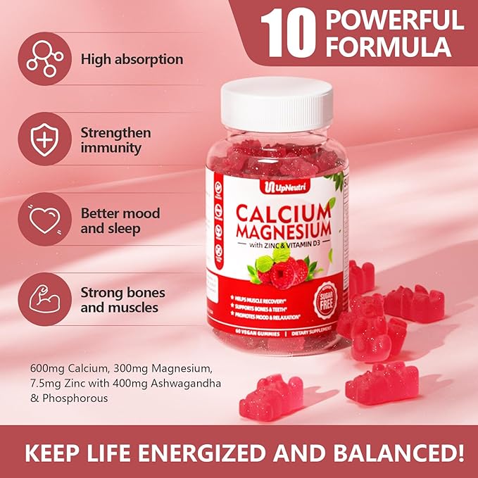 Calcium Magnesium Zinc with Vitamin D3 Supplement, Sugar Free Calcium Gummies for Women Men, High Absorption Zinc Gummies for Bone & Muscle & Immune Health, Vegan Raspberry Flavor - 60 Count
