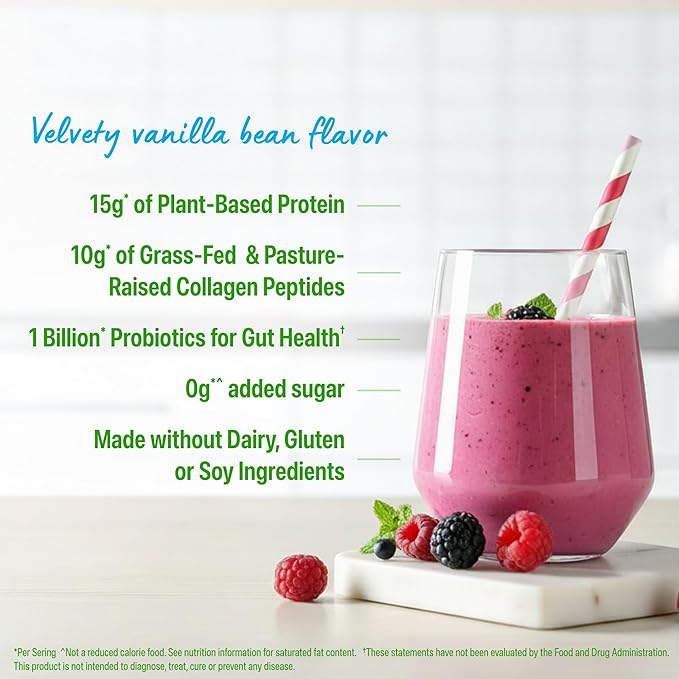 Orgain Protein Powder + Collagen, Vanilla Bean - 25g of Protein, 10g Collagen Peptides, Type I & III, 1B CFU Probiotics, Supports Hair, Skin, Nail, Joint & Gut Health, Gluten Free - 1.6lb