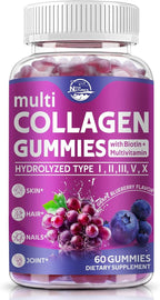Nature's live Multi Collagen Peptides Gummies, Type I, II, III, V, X - Hydrolyzed Collagen Peptides Gummies, Supports Healthy Skin, Strong Nails & Thick Hair, Grape Blueberry Flavor, 60 Count