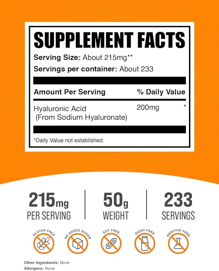BulkSupplements.com Hyaluronic Acid Powder - as Sodium Hyaluronate, Hyaluronic Acid Supplements - Food Grade, Gluten Free - 215mg per Serving, 50g (1.8 oz) (Pack of 1)