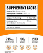 BulkSupplements.com Hyaluronic Acid Powder - as Sodium Hyaluronate, Hyaluronic Acid Supplements - Food Grade, Gluten Free - 215mg per Serving, 50g (1.8 oz) (Pack of 1)