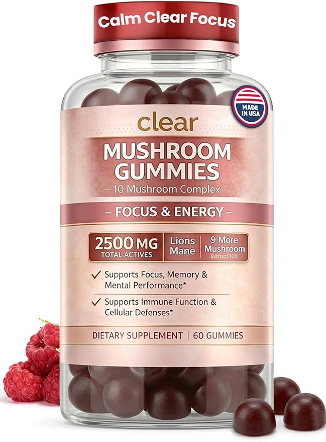 Clear Mushroom Gummies, Lions Mane, Reishi, Cordyceps, Chaga 10:1 Extract (Raspberry Flavor) - 2500mg 10 Mushroom Focus Gummies for Brain Health, Memory, Calm Energy, 3rd Party Tested