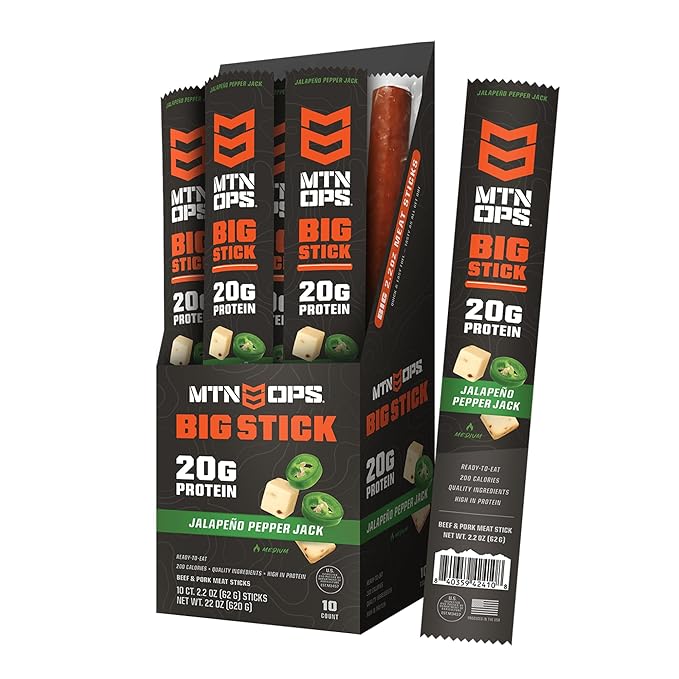 MTN OPS Big Stick High Protein Meat Sticks - 20g Protein, 10% Collagen - Jalapeño Pepper Jack Flavor - Individually Wrapped Beef Snacks - 10 Count Carton