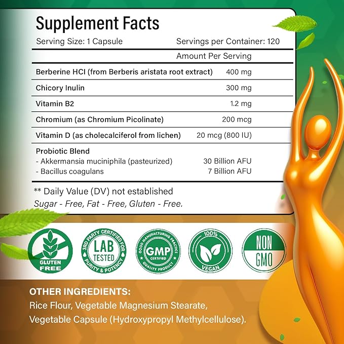 FloraBliss Natural Support Formula | Include Akkermansia, Bacillus coagulans, Chicory Inulin, Berberine - with Vitamin D & B2 | 120 Cap | Vegan, Non - GMO, Gluten Free