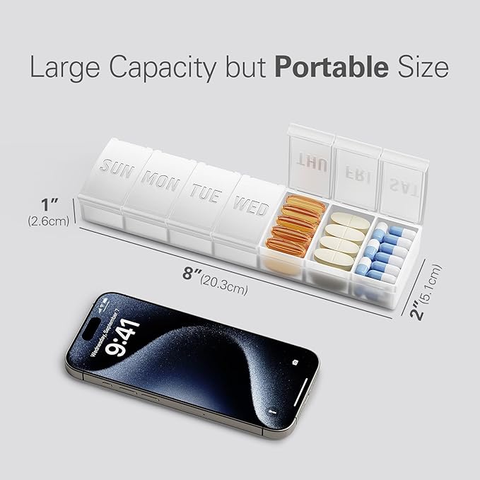 Barhon Pill Organizer Large, Weekly Medicine Pill Organizers, 7 Day Pills Box Case Travel for Big Vitamin Supplements Fish Oil, White