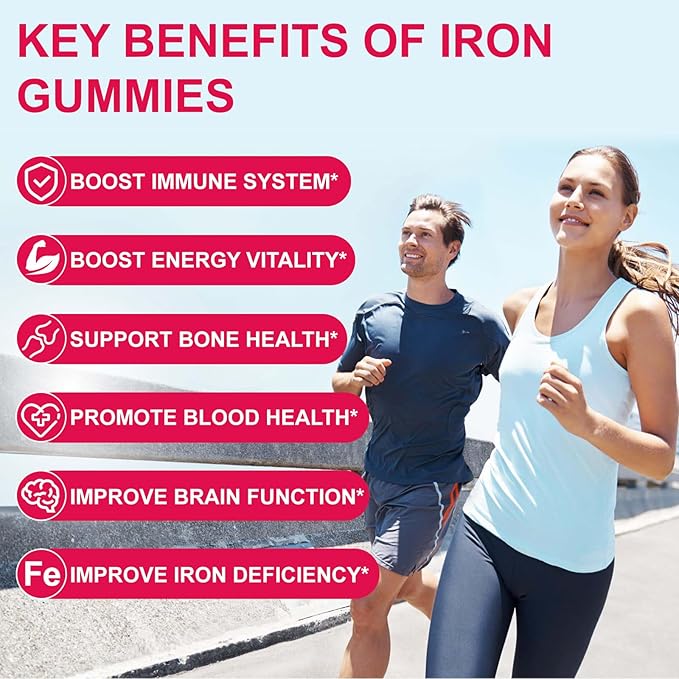 2 Pack Iron Supplement Gummies for Women & Men - Iron Gummies with Folate Vitamin C B12 B6 Zinc, Peach Flavor, Vegan 120 Gummies