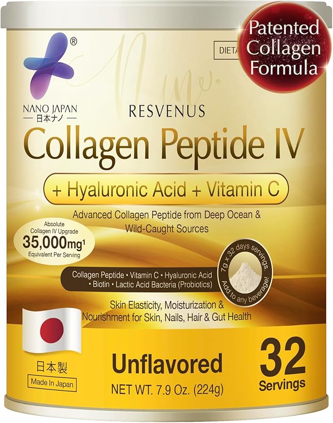 Nano Advanced Hyaluron & Marine Collagen Peptide IV Plus Powder – Japanese 6-in-1 Beauty Formula for Skin, Hair & Nails, Hydrolyzed Collagen with Hyaluronic Acid, Vitamin C, Unflavored, 32 Servings