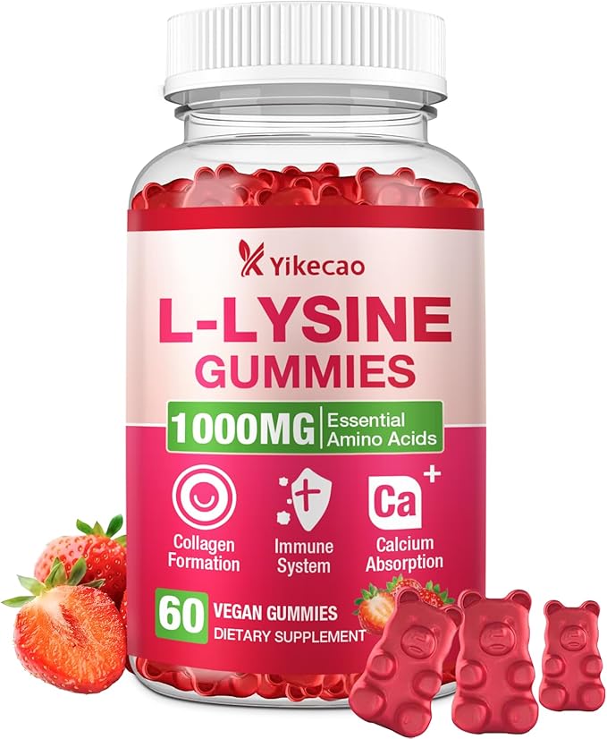 L-Lysine 1000mg Gummies, Chewable Lysine Supplement for Lips & Skin, Immune Support, Essential Amino Acid, Non-GMO, Vegan, Gluten Free, Sugar-Free, Strawberry Flavor, 60 Count