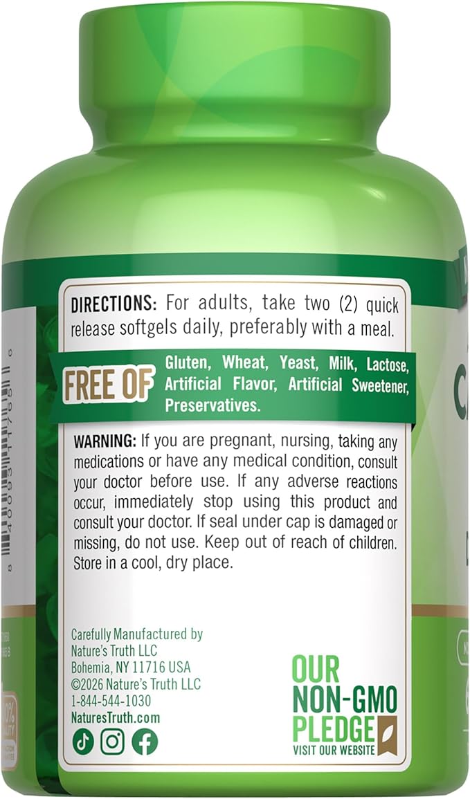 Nature's Truth Calcium 1200mg with Vitamin D3 5000 IU | 60 Softgels | from Calcium Carbonate | Non-GMO & Gluten Free Supplement