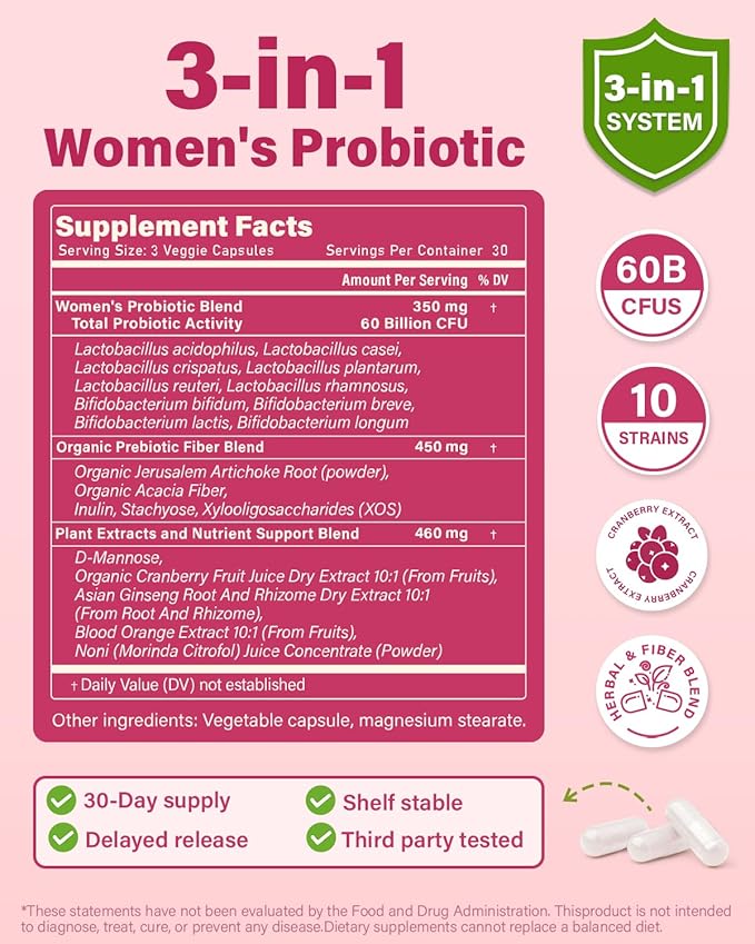 Probiotics and Prebiotics for Women pH Balance & Digestive Health - 60 Billion Vaginal Probiotic with Cranberry & D-Mannose for Gut, Urinary, Immune Health, Vegan & Non-GMO | 270 Capsules