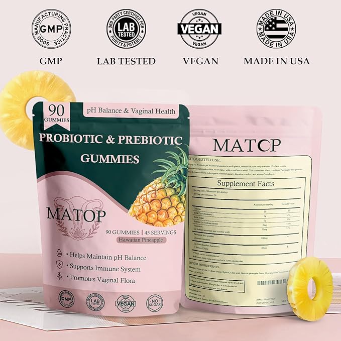 MATOP Probiotic Prebiotic pH Balance Gummies - Vaginal Health Gummies for Women Pro + Prebiotic with Pineapple Flavor, Vegan, Sugar-Free – 90 Gummies (45 Servings)