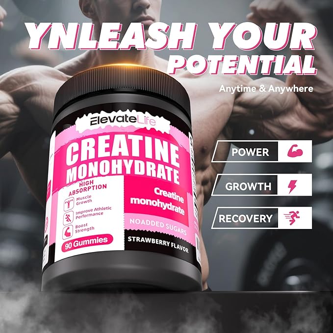 NSFCertified Creatine Monohydrate Gummies 5000mg for Men & Women, Chewables Creatine Monohydrate for Muscle Strength, Muscle Builder, Energy Boost, Pre-Workout Supplement(90 Count)-Strawberries