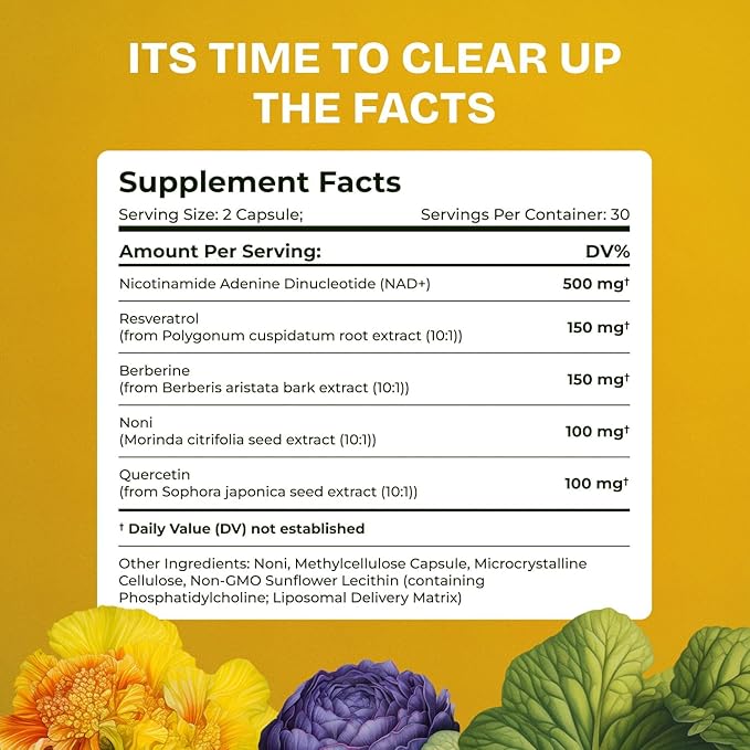 Liposomal NAD Supplement for Women w/Noni | 5-in-1 NAD Resveratrol Supplement w/Berberine & Quercetin | Pure NMN Powder Alternative | Supports Anti Aging & NAD+ Levels | 240 caps - 4 Packs