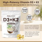 Real Good Essentials Vitamin D3 K2, Essentials D3+K2 (MK7) Coconut Oil 300 Softgels, with Vitamins D & K 10000 Iu Supports Calcium Absorption, Bone, Immune.(1)