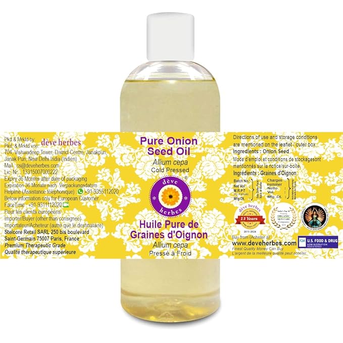 Deve Herbes Pure Onion Seed Oil (Allium cepa) Cold Pressed 200ml (6.76 oz)