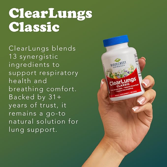 RidgeCrest Herbals ClearLungs Classic, Daily Health Supplement, Natural Lung and Nasal Wellness Formula for Bronchial, Respiratory, Immune, Sinus, and Mucus Support (120 Vegan Caps, 60 Serv)