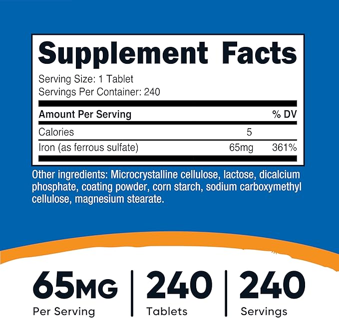 Nutricost Iron (As Ferrous Sulfate) 65mg, 240 Tablets - Non-GMO, Gluten Free (Pack of 2)